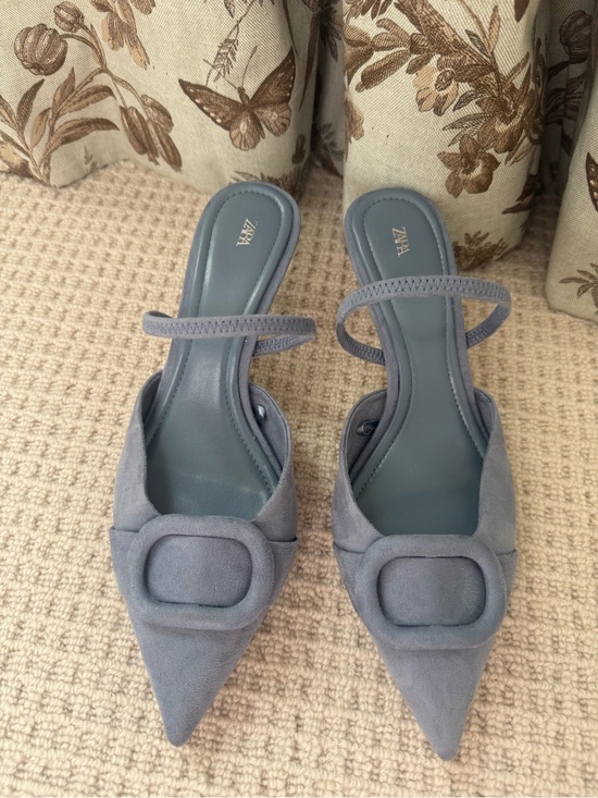 Zara Shoes - Zara Dusty Blue Pointed Suede Mules with Buckle Detail